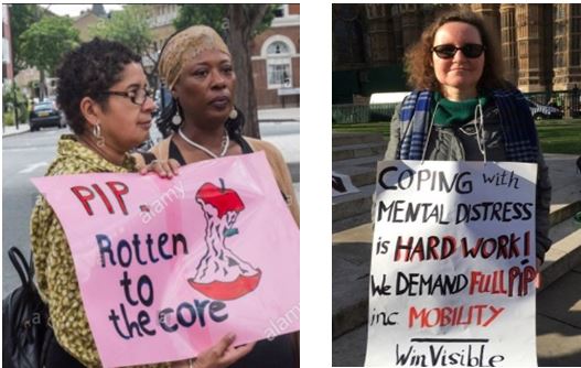 Two Black women hold a placard which says PIP Rotten to the core, with a drawing of an apple core.  A white woman with sunglasses has a placard: Coping with mental distress is hard work! We demand full PIP mobility (component) -- WinVisible.