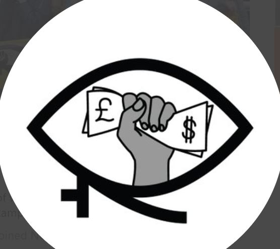 WinVisible logo.  A woman of colour's fist holding paper money, inside a women's symbol shaped into the Eye of Horus (symbol of healing).
