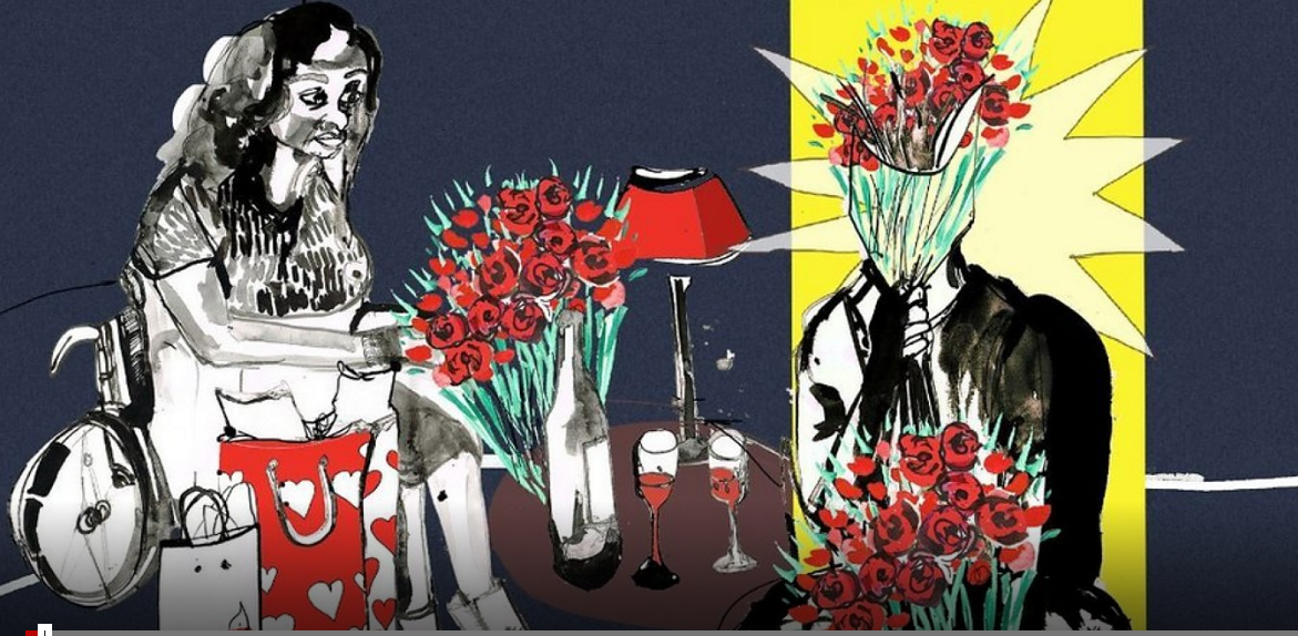 Artwork of a Black woman wheelchair user being given roses and wine by a man whose face and true identity is hidden behind a bunch of flowers.