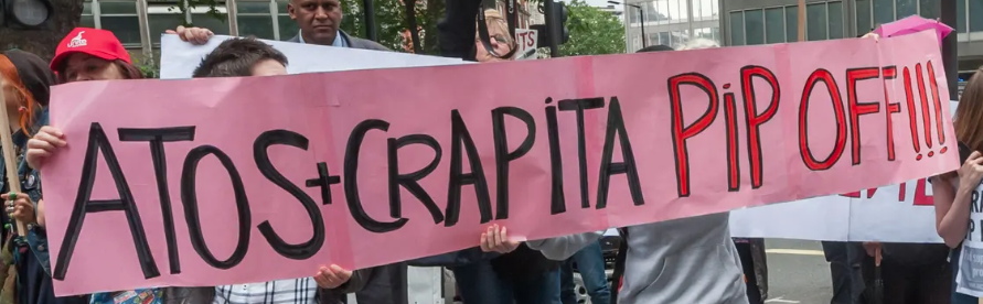 Pink banner says: Atos + Crapita -- PIP OFF!!!