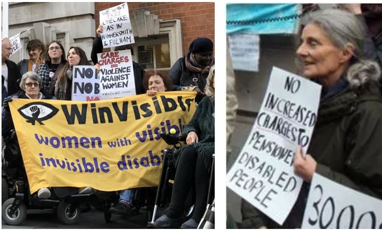 Women protesting outside Greenwich Town Hall and Camden.  Three women hold the WinVisible banner.  Placards include "Care charges = violence against women".  "We want free homecare as in Hammersmith & Fulham".  "No increased charges to pensioners, disabled people."