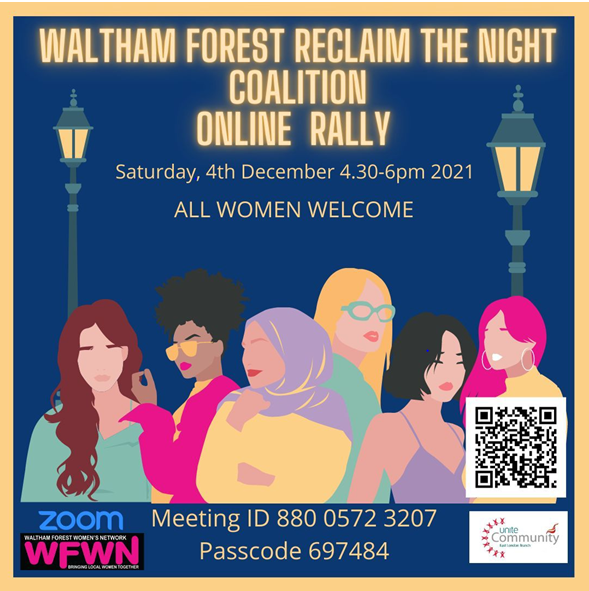 Stylised picture of six diverse women between two street lamps at night.  Title: Waltham Forest Reclaim the Night Coalition -- online rally.  Other info is in text below.