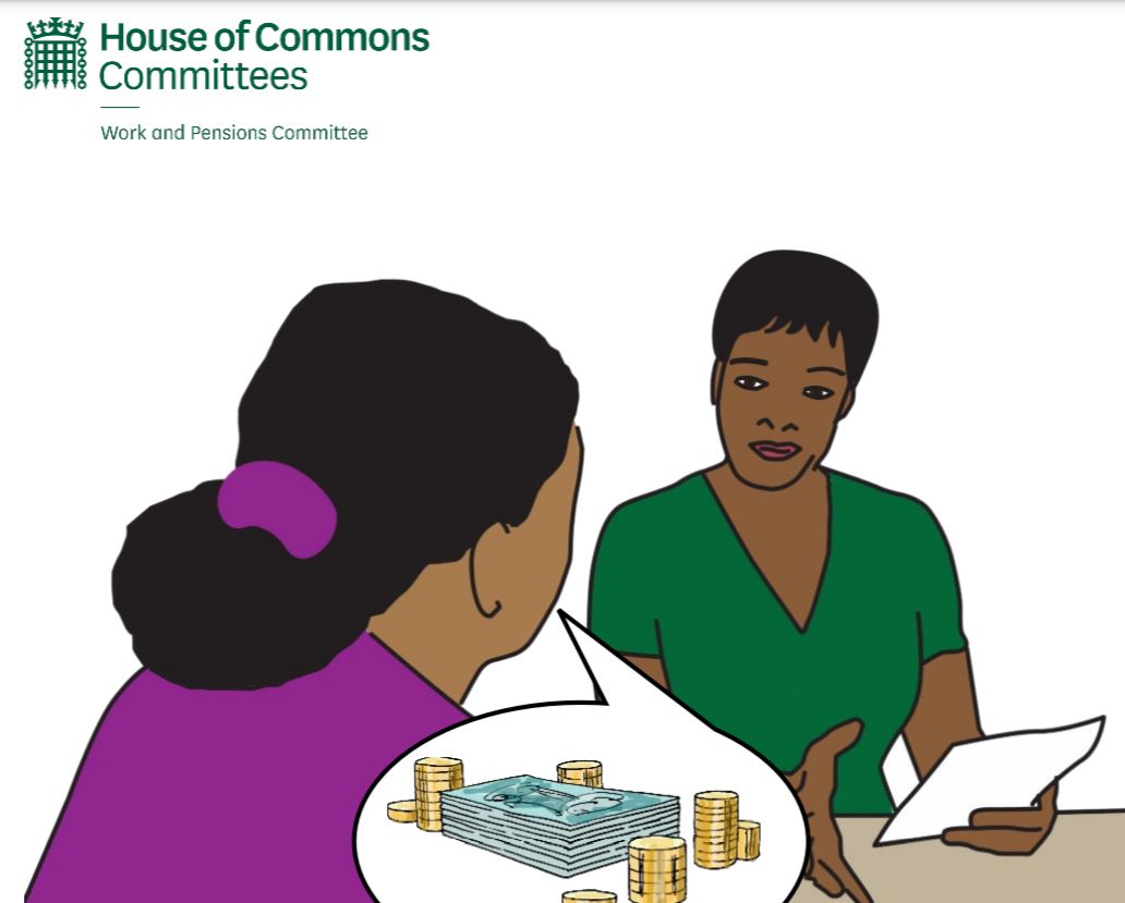 Image from Work and Pensions Committee Easy Read survey of benefit claimants.  Two women of colour sit at a desk.  One is asking the other about benefits.
