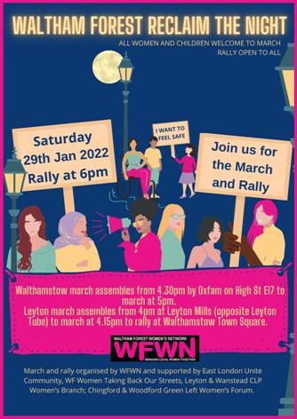 Image of diverse range of women and girls including a wheelchair user, out at night standing between two lamp posts.  They hold placards: Sat 29 Jan 2022.  Rally at 6pm.  Join us for the March and Rally.  A Black woman wearing glasses holds the megaphone.  Other text is below in main blogpost.