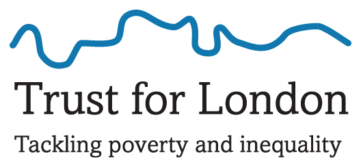Trust for London logo -- Thames river blue line. Trust for London -- Tackling poverty and inequality.