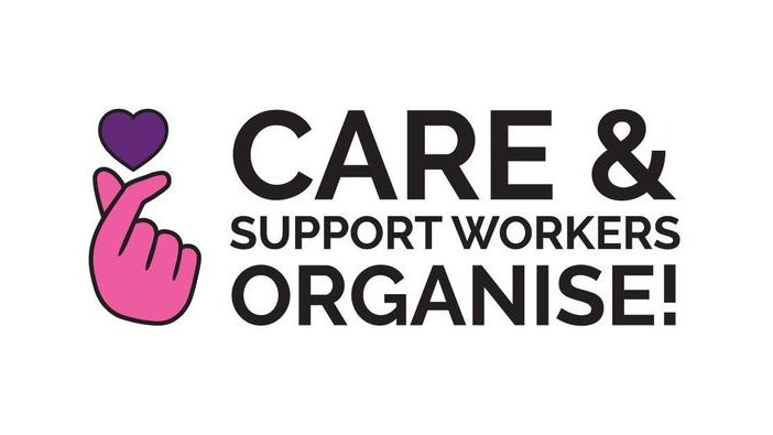 Logo of Care & Support Workers Organise! image of a pink hand with purple heart above.