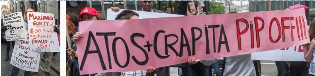 Photo 1: A woman holds placards: Benefit deductions & sanctions are starving us -- WinVisible.  Maximus targets are Violence Against Disabled Women! Maximus guilty of $30.5 million Medicaid fraud in USA!  A pink paper banner held by several people reads: Atos + Crapita PIP OFF!!!