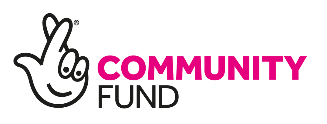 National Lottery Community Fund logo.  The hand with fingers crossed, eyes and smile.