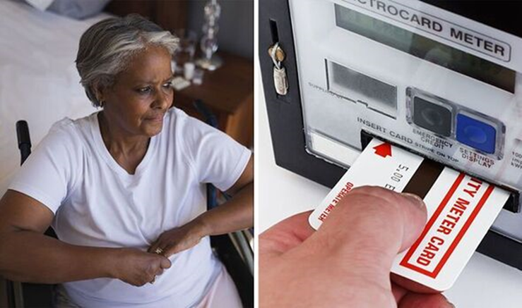 Two photos: a woman of colour sits in her wheelchair looking worried (posed by a model).  A hand inserts a prepay card into an electricity meter.