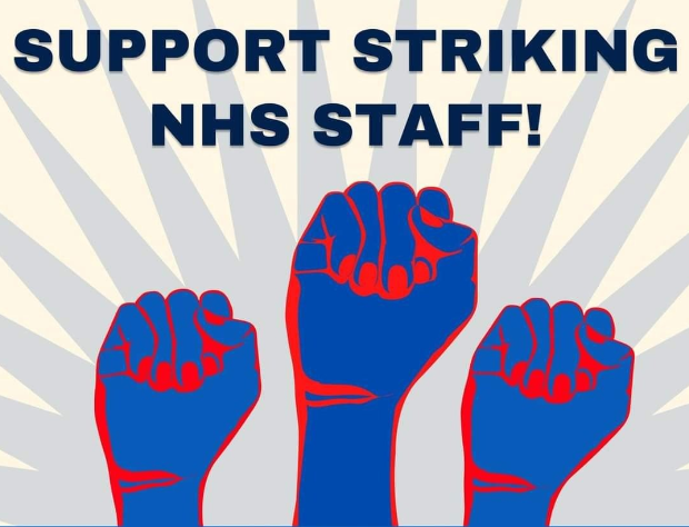 Support Striking NHS staff!
Artwork of three fists in the air, blue outlined in red against a background of light grey jagged points or sunbeams.