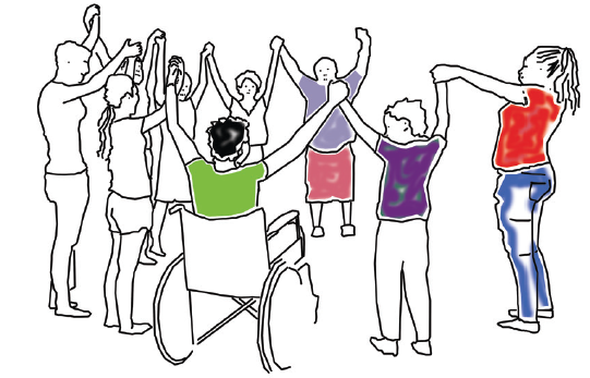 Drawing of a group of women, multi-racial, wheelchair user and others, standing in a circle with arms raised holding hands together.