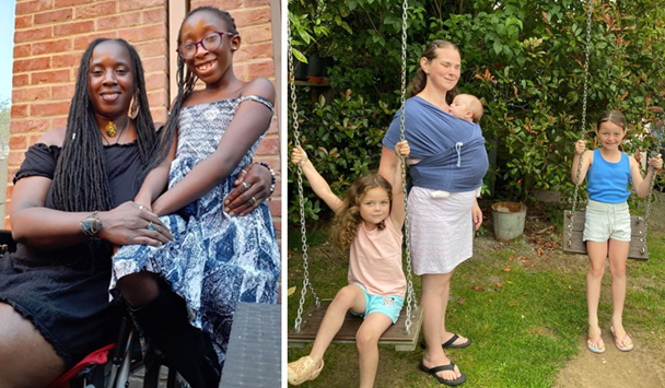 Two photos. A proud disabled mum sits upright holding her daughter who is perching on the armrest of her wheelchair. They are Afro-Caribbean and have long hair in plaits. Both are smiling 2nd photo: A smiling blind mum stands with her new baby wrapped to her in a sling, by her older daughters who play on swings. 