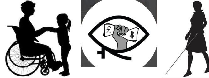 Images in silhouette of a wheelchair user mum playing with her young daughter.  The WinVisible logo: the fist of a woman of colour holds banknotes, framed inside the Egyptian Eye of Horus combined with a women's symbol.  Silhouette of a visually impaired woman walking with a cane.