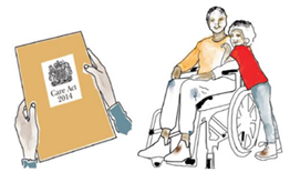 Hands holding the Care Act booklet.  Drawing of a wheelchair user mum of colour, she is looking forward and her child stands by her side leaning into her shoulder.