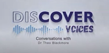 Dis/cover Voices -- purple letters on a grey background with blue sound wave image.  Conversations with Dr Theo Blackmore.