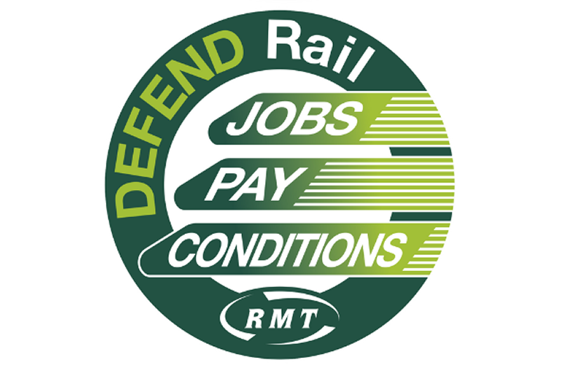 RMT Union graphic.  A green circle with Defend Rail plus three train silhouettes going across the circle -- Jobs  Pay  Conditions -- RMT logo.