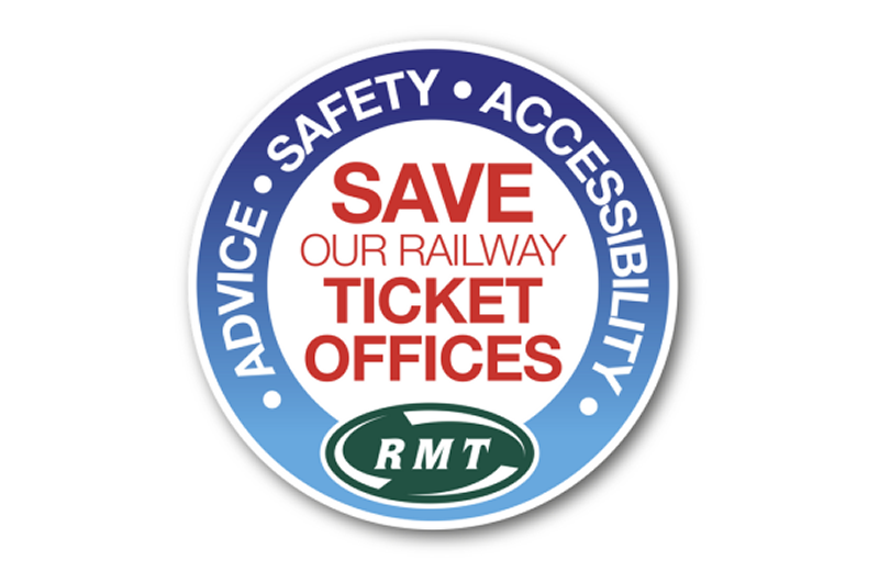 RMT round badge, Save Our railway Ticket Offices in red capitals, with a blue border with the words Advice - Safety - Accessibility