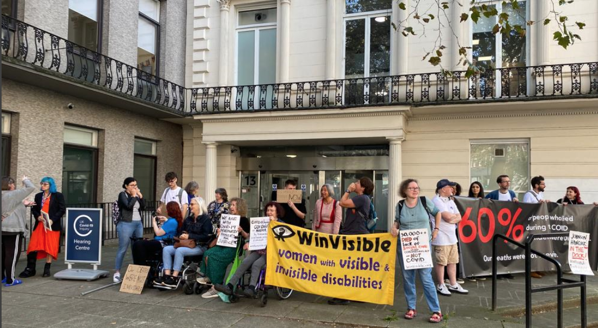 Protesting outside the COVID-19 Inquiry at Dorland House, London W2, with Disability Rights UK, Inclusion London, Disabled People Against Cuts and women from COVID-19 Bereaved Families for Justice
