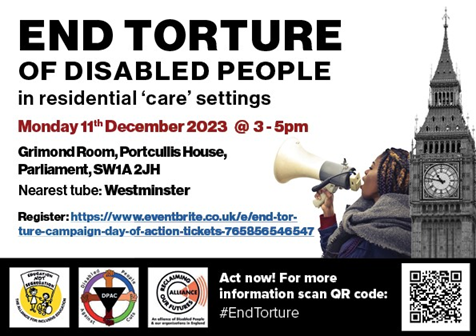 Image for meeting End Torture of disabled people in residential 'care' settings. A Black woman is speaking into a megaphone standing next to Big Ben, Parliament.
