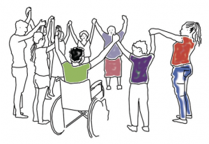 Drawing of a group of various disabled women in a circle holding their arms up and holding hands.