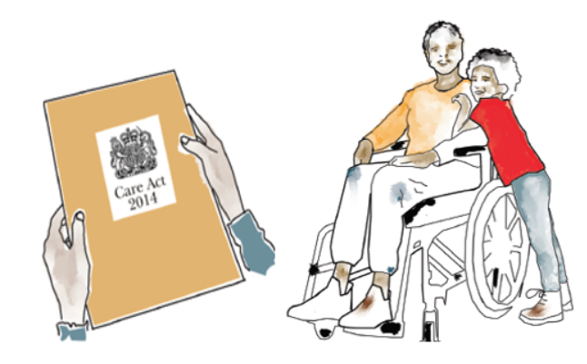 Two drawings: hands hold a copy of the Care Act. A disabled mum sits in her wheelchair, her son is standing next to her leaning into her shoulder.