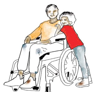 Drawing of a wheelchair user mum and son, he is about eight. He stands next to her and is leaning in against her shoulder.