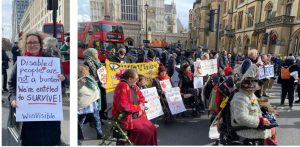 Two photos. Ariane holds a placard: Disabled people are not a burden -- we're entitled to survive! Women wheelchair users and other disabled protesters, including women holding the WinVisible banner, block the road by Westminster Abbey. Traffic including a bus is stopped.
