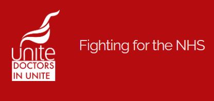 Doctors in Unite logo -- the word unite with a flame above.  Fighting for the NHS.  White on red background.