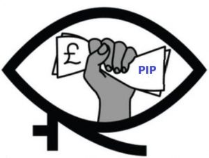 WV logo -- a woman of colour's fist holds pound notes, inside a shape combining the women's symbol and Egyptian Eye of Horus, symbol of healing. In this case, the pound notes say PIP.