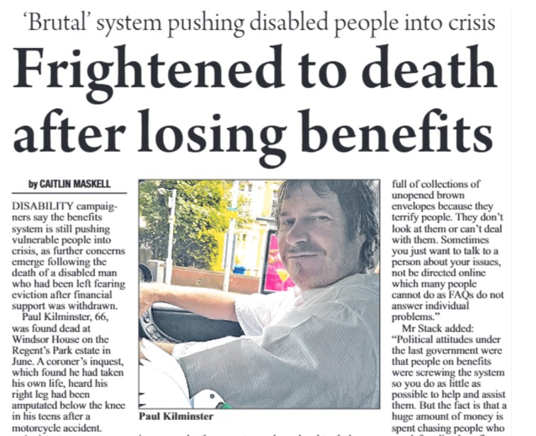 Image of the newspaper headline, Frightened to death after losing benefits. Photo of Paul Kilminster as a middle aged man with short brown hair and moustache.