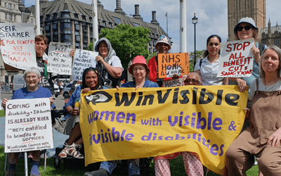 A group of 10 disabled women, four of them women of colour, holding various placards about benefit cuts and homecare, holding a yellow banner that says WinVisible - women with visible and invisible disabilities, with Big Ben in the background