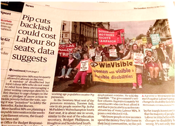 PIP cuts newspaper headline next to photo of diverse women marching on the disability benefits protest with WinVisible and Disabled Mothers' Rights Campaign banners.