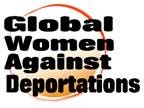 Global Women Against Deportations logo. Black lettering over a brown circle.