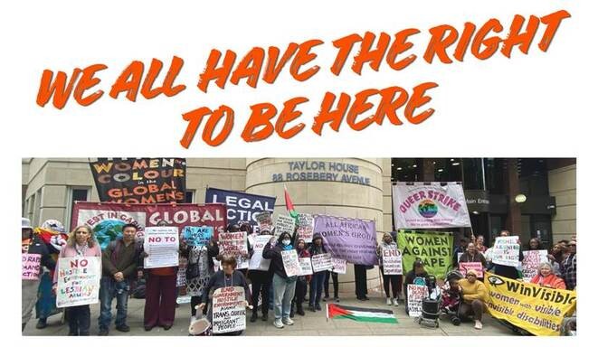 Headline: We all have the right to be here. In red italic capital letters. Above a photo of women with an array of banners, in front of Taylor House court building.