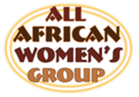 All African Women's Group logo, African style letters inside an oval shape